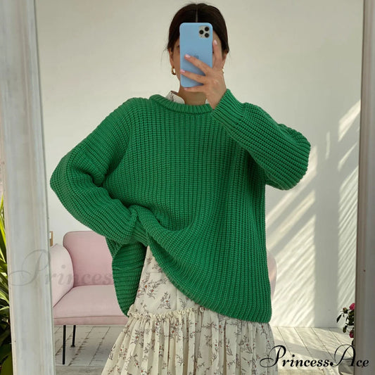 Candy Color Crewneck Trendy Pullover Sweater - Beige M / Green Sweaters