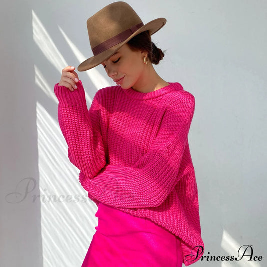 Candy Color Crewneck Trendy Pullover Sweater - Purple S / Rose Sweaters