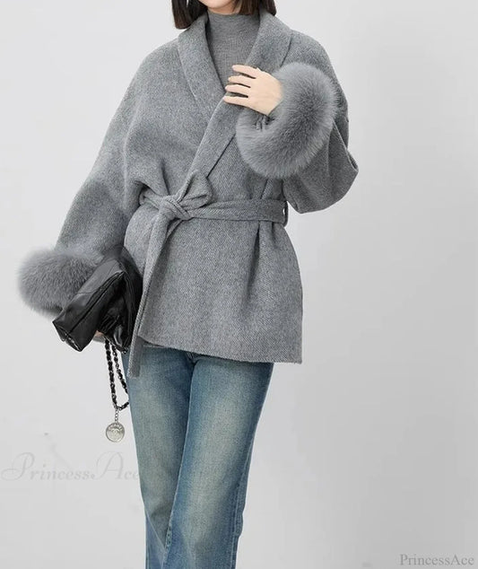 Cashmere Coat With Fur Cuffs Fox Fur Overcoat GRAY / S