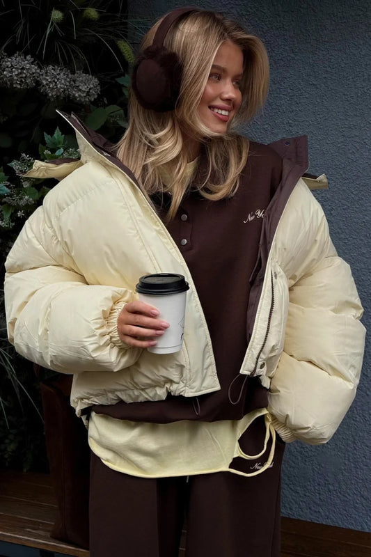 Casual Cropped Color Block Cotton Coat