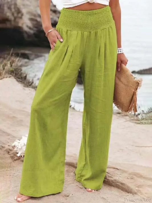 Casual Elastic Waist Linen Wide Pants Light green / S