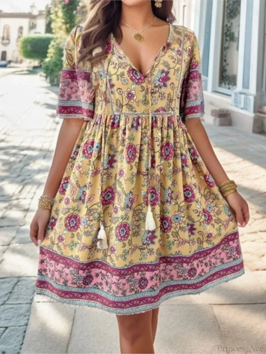 Casual Holiday Floral Print V-neck Short Sleeve Sundress oldfloraldress-250126