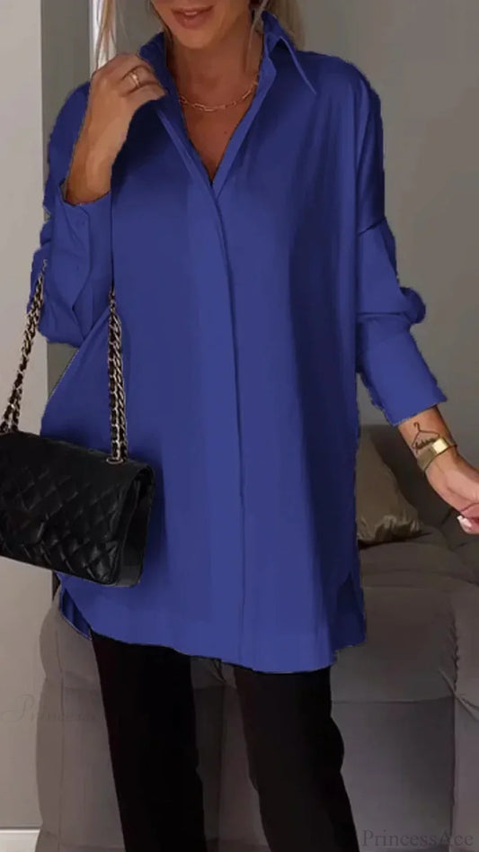 Casual Irregular Pullover Long Sleeve Blouse Blue / S blouse-250126