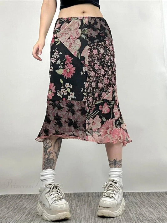 Casual Patchwork Floral Straight Slim Mid-Waisted Maxi Skirt Streetwear Black / S skirt-250126