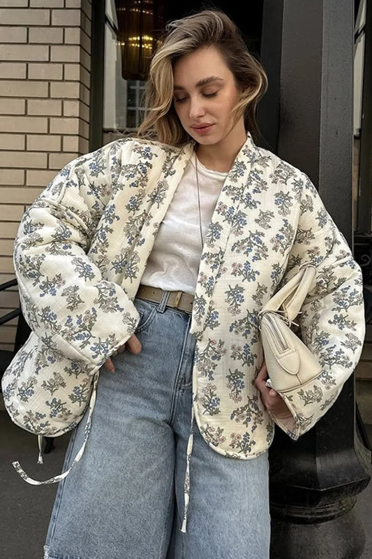 Casual Versatile Printed V-Neck Drawstring Padded Coat Blue / S