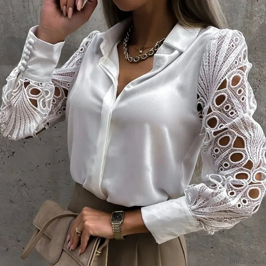 Casual White Lace Hollow-out Button Blouse blouse-250126