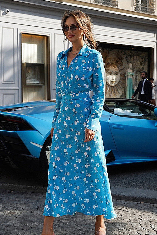 Kleid mit V-Ausschnitt, langen Ärmeln, digitalem A-Linien-Print und Blumenmuster