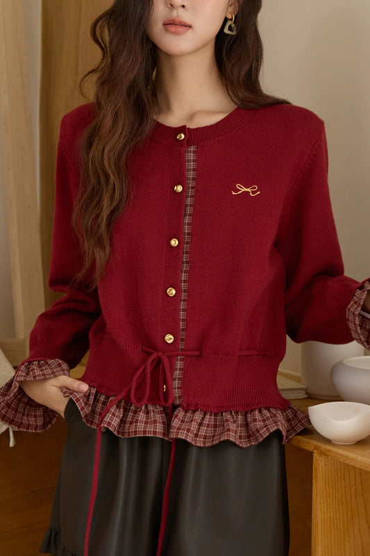 Karierte Patchwork-Strickjacke mit Rundhalsausschnitt