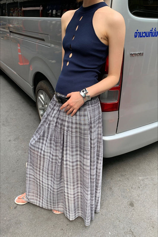 Hoch taillierter A-Linien-Maxirock aus Netzstoff mit Karomuster