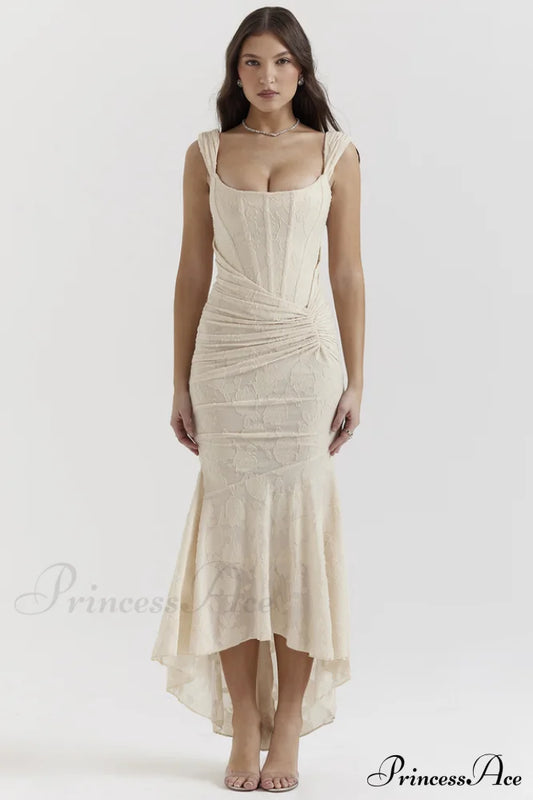 Cesca Retro – Cremefarbenes, bezauberndes Maxikleid mit weißem Blumenmuster