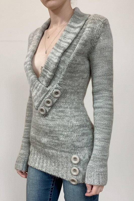 Vintage-Pullover mit asymmetrischem V-Ausschnitt und Knöpfen