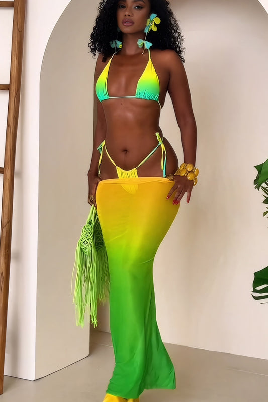 Ombre Halter Backless Three Piece Swim Set