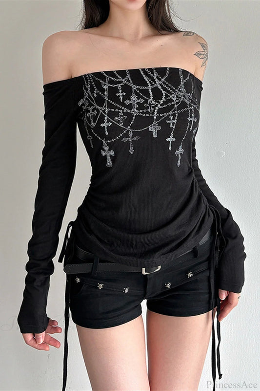 Chain Print Off-Shoulder Long Sleeve Tee Black / S
