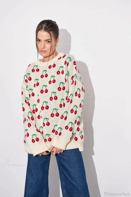 Cherry Crew Neck Mid Length Knit Sweater Apricot / S