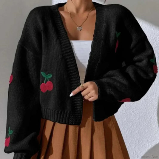 Cherry Embroidery Loose Long Sleeve Casual Knit Cardigan black cherry / S cardiagn-250126