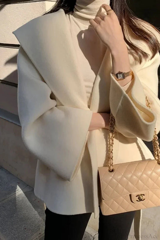 Chic Brown Woolen Hooded Overcoat Cream / One Size