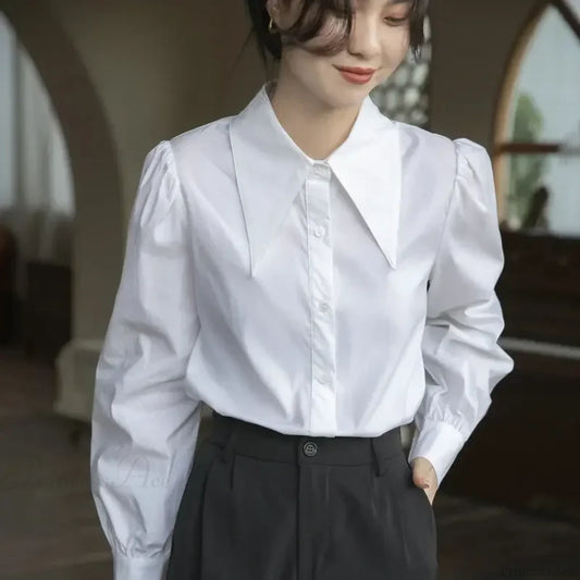 Chic Puff Sleeve Turn Down Collar White Blouse blouse-250126