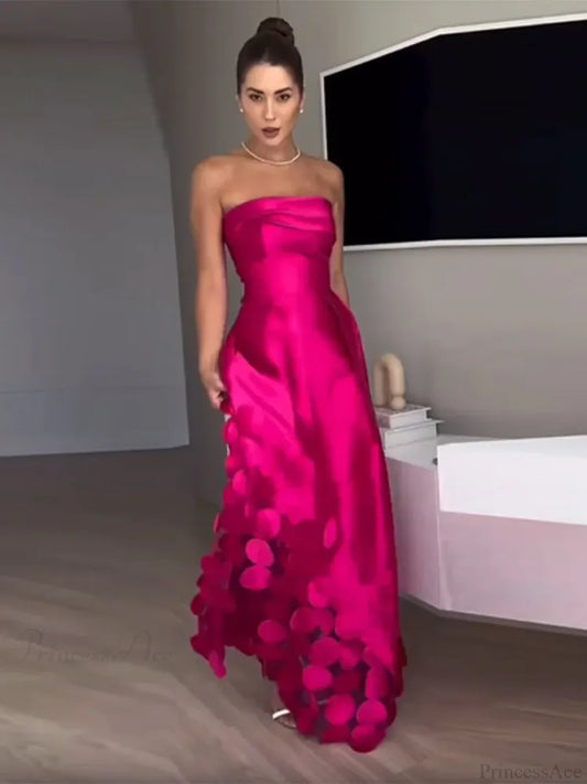 Chic Rose Red Sleeveless Satin Maxi Dress Elegant Backless Pleated Christmas Party Dresses-L