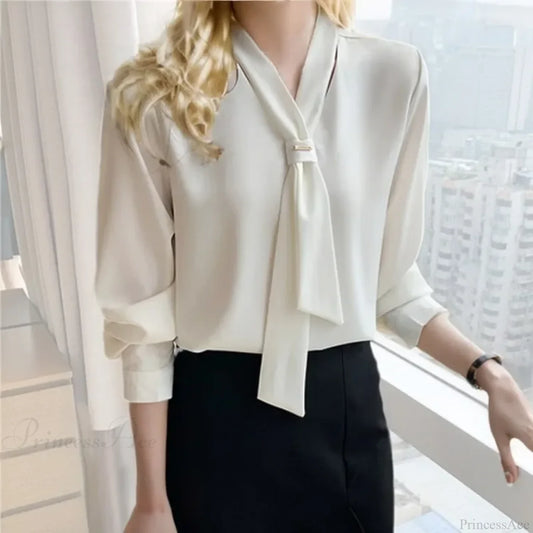 Chiffon V-neck Tie Loose Long Sleeve White Blouse blouse-250126