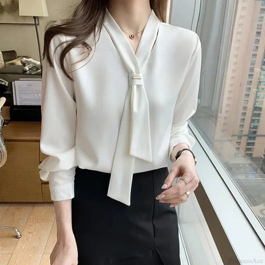 Chiffon V-neck Tie Loose Long Sleeve White Blouse WHITE / S blouse-250126