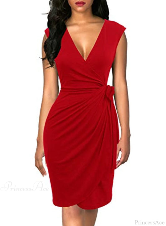 Christmas Vintage V-Neck Sheath Faux Black Wrap Dress Red / Large