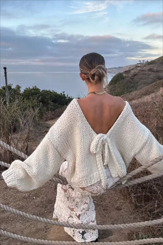 Chunk Knit Bow Tie Strap Reversible Sweater