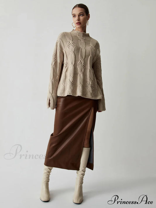 Chunky Cable Knit Trendy Mock Neck Sweater Sweaters-L