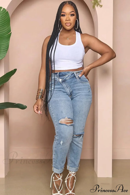 Classic Fashion Stretch Ripped Streetwear Denim Jean Light Blue / S