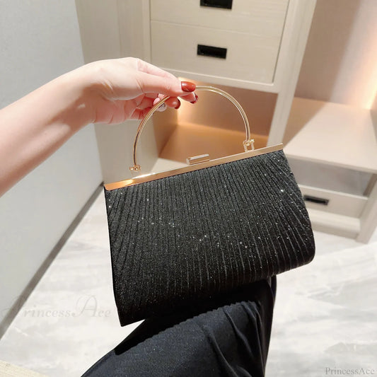 Classic Pleated Sparkling Evening Handbag Black / (20cm handbag-250126