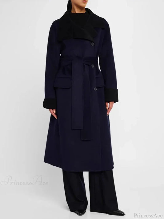 Color Lapel Slim Single-Breasted Overcoat Navy / S