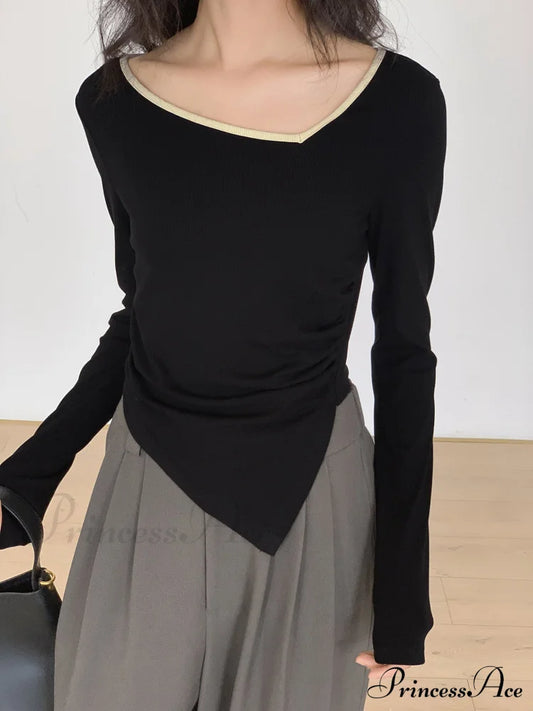 Contrast Trim Long Trendy Sleeve Asymmetrical Top Black / S T-Shirts