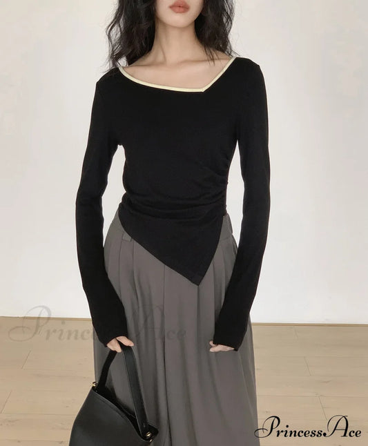 Contrast Trim Long Trendy Sleeve Asymmetrical Top T-Shirts