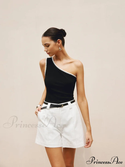 Contrast Trim One Trendy Shoulder Off Tank Top Tops & Camis
