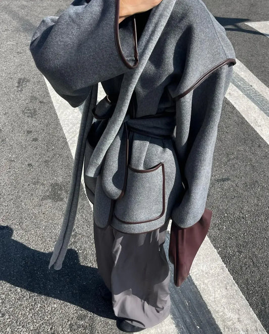 Contrasting Stitch Woolen Coat Blue / S