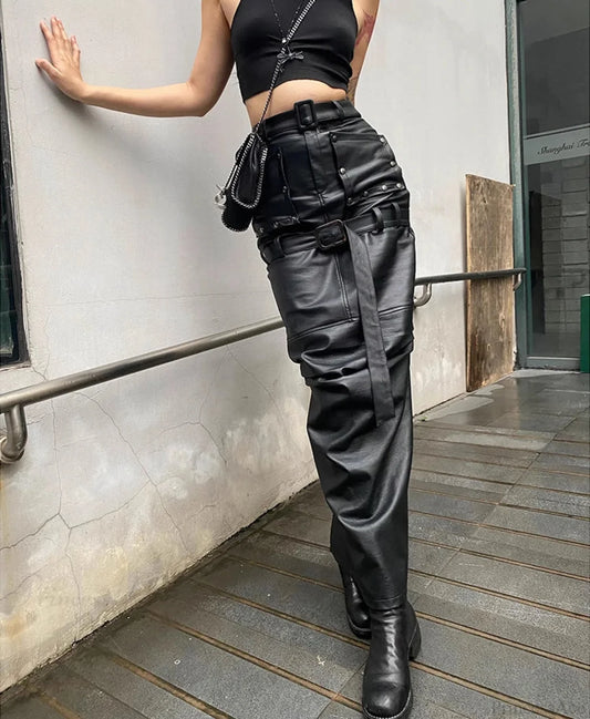 Cool PU Leather Maxi Slit Skirt Black / S
