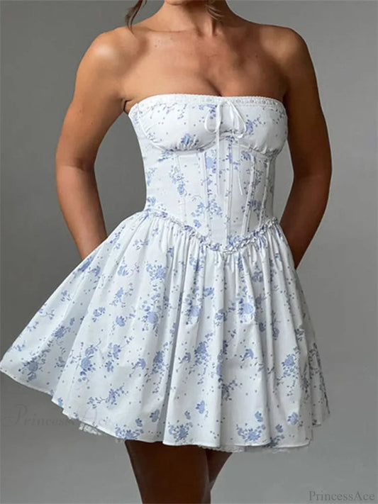 Corset Tie-Up Lace Trim Mini Dress blue / S minidress-250223