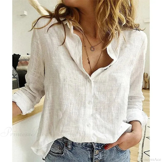 Cotton Linen Button-up Blue Office Blouse blouse-250126