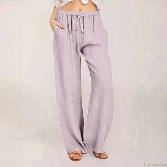 Cotton Linen Wide Leg Drawstring Pants Purple / S