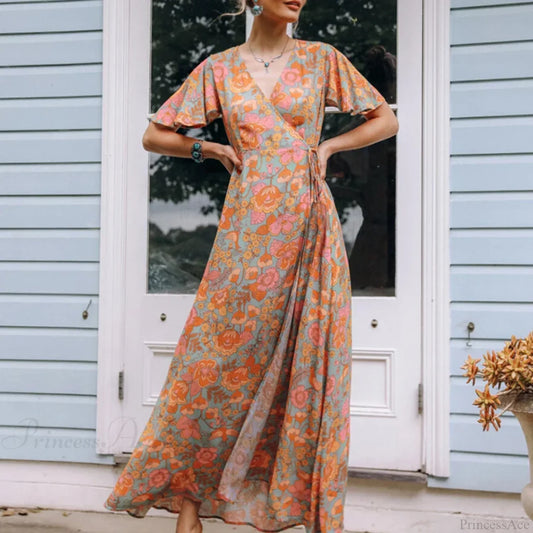 Cotton Orange Floral Boho Dress PINK / S bohodress-250126