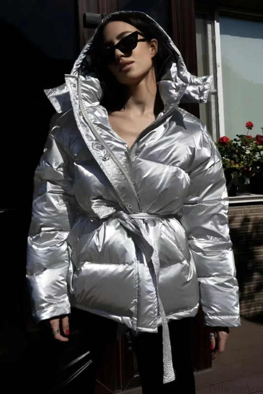 Cotton Padded Metallic Color Belt Pocket Coat Silver / S