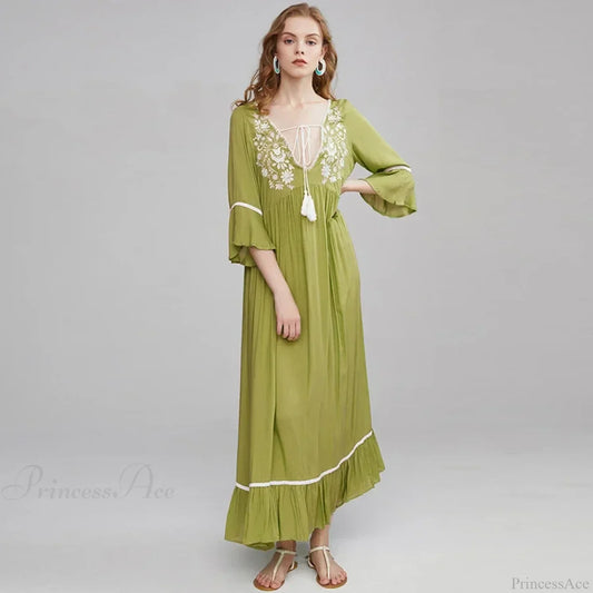Cotton Rayon Boho Dress Green / S bohodress-250126