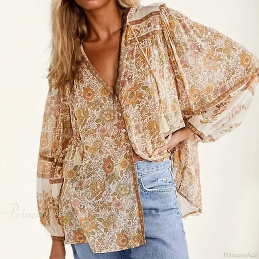 Cotton Rayon Floral Printed Long Sleeve V-Neck Boho Blouse Beige / S bohoblouse-250126