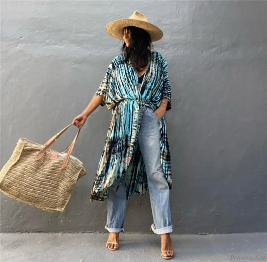 Cotton Rayon Striped Print Cardigan Boho Beach Cover up bohocoverup-250126