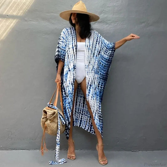 Cotton Rayon Striped Print Cardigan Boho Beach Cover up White blue / One Size bohocoverup-250126