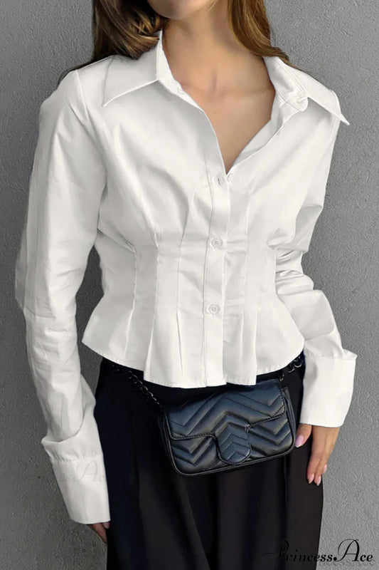 Cotton Ruched Waist Collared Blouse White / S