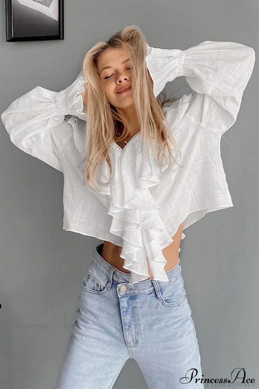 Cotton Ruffled V Neck Pullover Blouse White / S