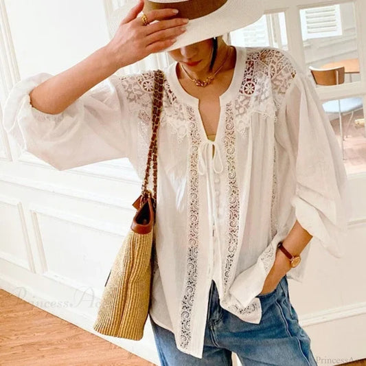 Cotton White Lace Lantern Sleeve Oversize Boho Blouse bohoblouse-250126