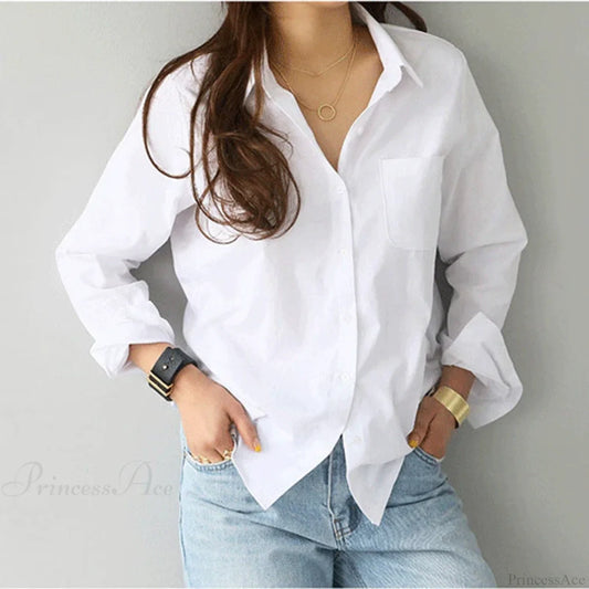 Cotton White Long Sleeve Casual Ladies Blouse WHITE / S blouse-250126