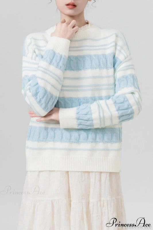 Creamy Stripe Cable-Knit Loose Sweater Blue / One Size