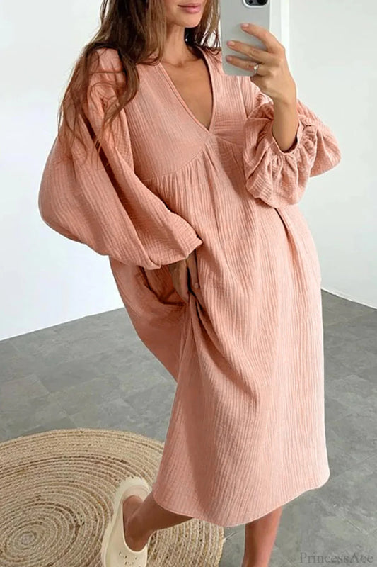 Crepe V Neck Puff Sleeve Loose Dress Pink / S Midi Dresses